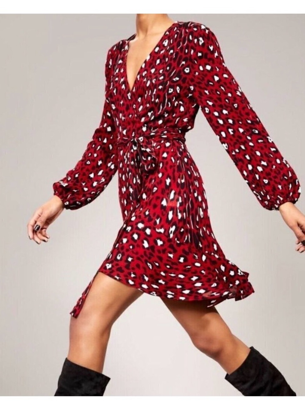 A.L.C. Michaela Silk Wrap Dress Red Leopard Print Long Sleeve Mini Size 4